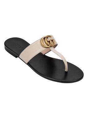 Gucci Leather Thong Sandal Gold Double G Logo Cream White Size 37